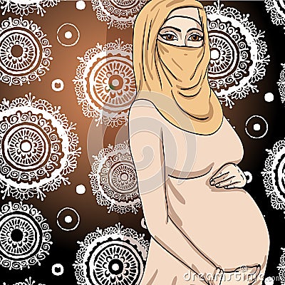 Muslim arabic woman pregnancy illustration Cartoon Illustration