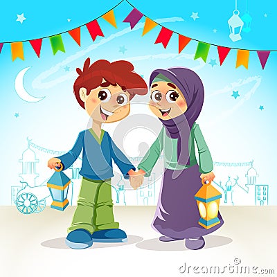 Muslim Boy and Girl Celebrating Ramadan Vector Illustration