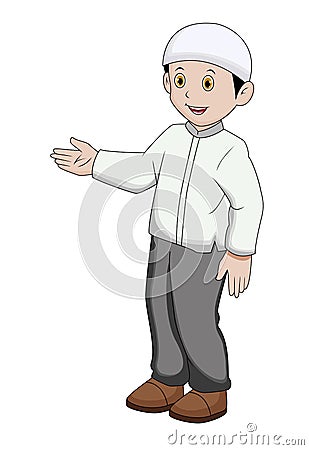 A Muslim boy waving his right hand on a white background Vector Illustration