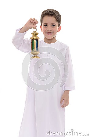 Muslim Boy Wearing White Djellaba Celebrating Ramadan Stock Photo