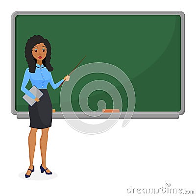 Muslim or Brazilian looking woman teacher standing in front of blackboard teaching student in classroom at school Vector Illustration