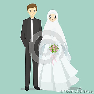 Muslim bride and groom cartoon illustration. Vector Illustration