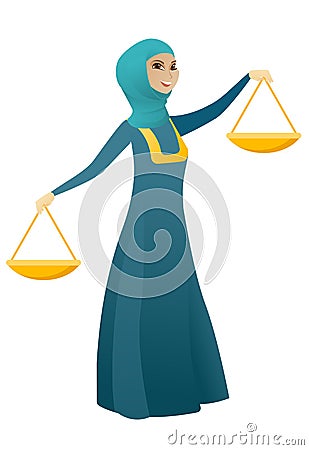 Muslim business woman holding balance scale. Vector Illustration