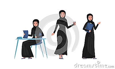 Muslim Business Woman in Traditional Hijab Engaged in Working Process Vector Illustration Set Vector Illustration
