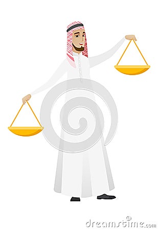 Muslim businessman holding balance scale. Vector Illustration