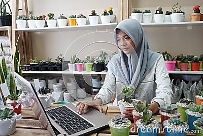 A Muslim businesswoman is selling succulent plants on internet. She has a clean and white workshop. Editorial Stock Photo