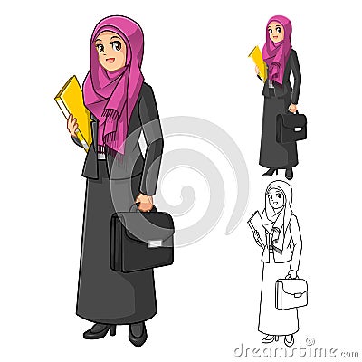 Muslim Businesswoman Wearing Fuchsia Veil or Scarf with Holding Briefcase Vector Illustration