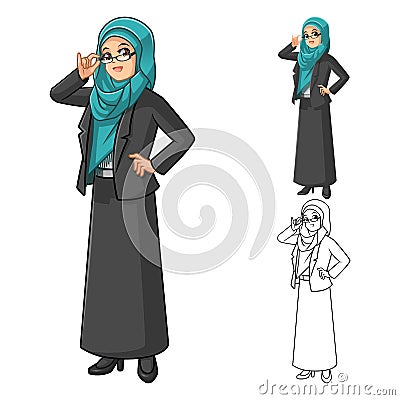 Muslim Businesswoman Wearing Green Tosca Veil or Scarf with Glasses Vector Illustration