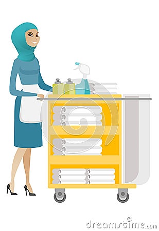 Muslim chambermaid pushing cart with bed clothes. Vector Illustration