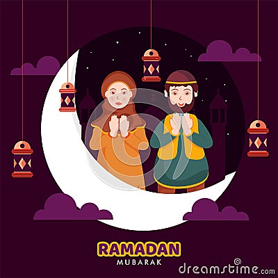 Muslim character people pray to allah, Islamic holy month of Ramadan kareem Minimal origami design concept on night background Vector Illustration