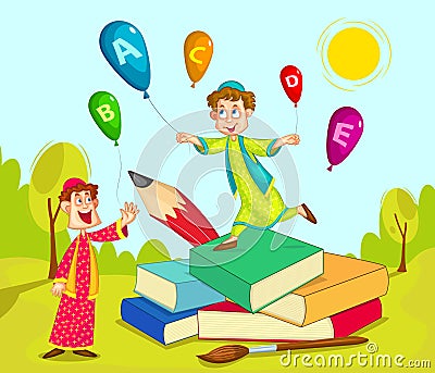 Muslim children playing with book and pencil Vector Illustration
