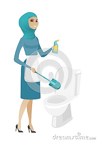 Muslim cleaner in uniform cleaning toilet bowl. Vector Illustration