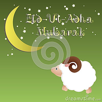 Muslim community festival of sacrifice Eid Ul Adha greeting card, background with sheep moon and stars. Vector Illustration