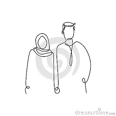 Muslim couple continuous line drawing of a man and girl romantic design minimalism style Vector Illustration