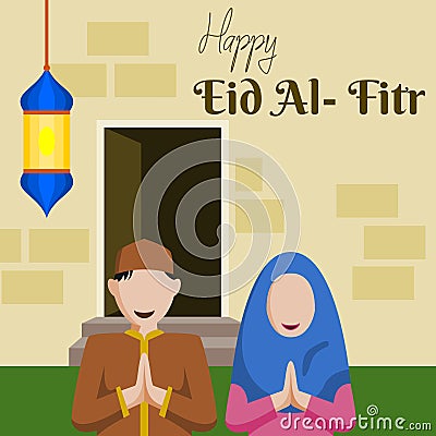 Muslim Couple Greeting Vector Illustration for Eid Fitr Concept Vector Illustration