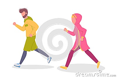 Muslim couple of jogger run together. Sport training and exercise Vector Illustration