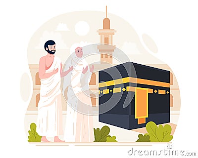 A Muslim couple performs Islamic Hajj Pilgrimage. Man and Woman Hajj characters wear ihram clothes with a Kaaba background Vector Illustration