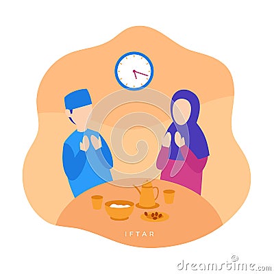 Muslim couple praying to Allah during iftar time for break fasting in ramadan month vector flat illustration Cartoon Illustration