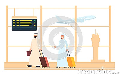 Muslim couple walks through airport building to board plane. Arabian plane passengers. Airline terminal. Saudi man and Vector Illustration