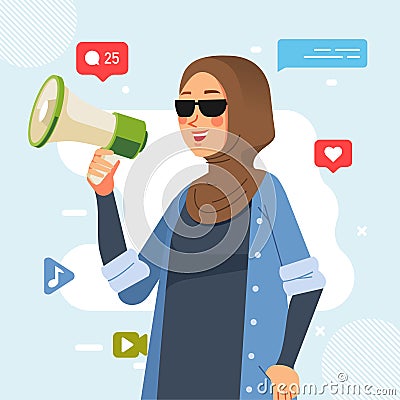 Muslim dark brown hijab young girl holding megaphone shouting loud announcing social media Promotion advertising concept Vector Illustration