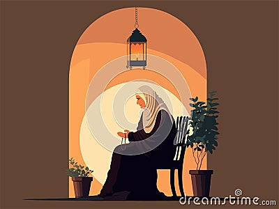 Muslim Elderly Woman Character Using Tasbih At Chair Near Plant Pots And Hanging Illuminated Arabic Lamp On Orange And Brown Stock Photo