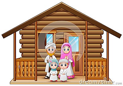 Muslim families cartoon in the wooden house Vector Illustration