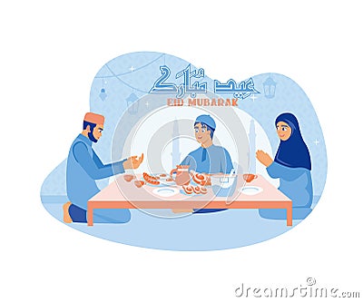 Muslim families gathered together at the dinner table. Eating together during Eid al Fitr. Vector Illustration