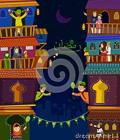 Muslim families wishing Eid Mubarak,Happy Eid on Ramadan Vector Illustration