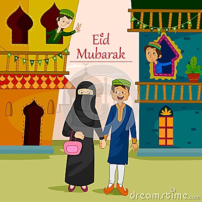 Muslim families wishing Eid Mubarak,Happy Eid on Ramadan Vector Illustration