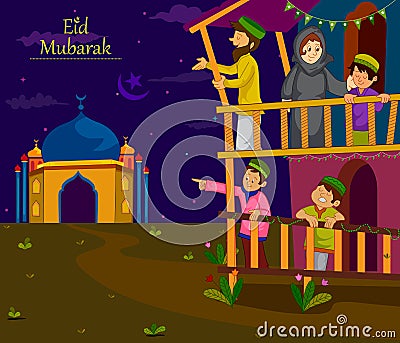 Muslim families wishing Eid Mubarak,Happy Eid on Ramadan Vector Illustration