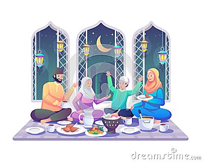 Muslim Family eating Iftar after fasting. Enjoying Ramadan Kareem Mubarak together in happiness during fasting Vector Illustration