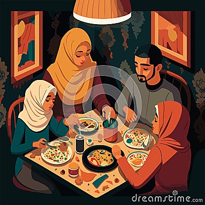 A Muslim family gathered for an evening meal. Month of the holy fast of Oraza. For your design Vector Illustration