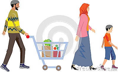 Vector - Muslim Family Shopping With Cart Vector Illustration