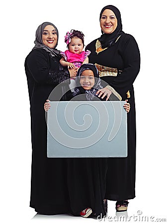 Muslim family, portrait and poster space with children, mother and grandmother together in hijab. Islam religion peace Stock Photo