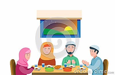 Muslim family pray before meal to break the fasting, islam religion activity in ramadan season. cartoon flat illustration vector i Vector Illustration