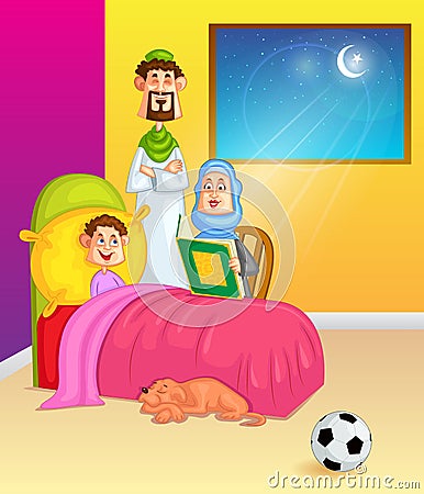 Muslim family reading Koran on eve of Eid Vector Illustration