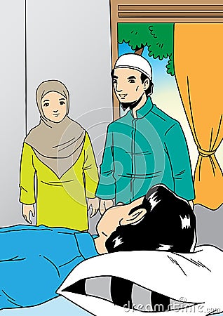 Muslim family visit the sick relative Vector Illustration