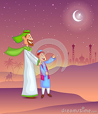 Muslim family watching moon of Eid Vector Illustration