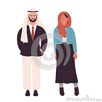 Muslim fashionable business couple people, arab young man and woman standing together Vector Illustration