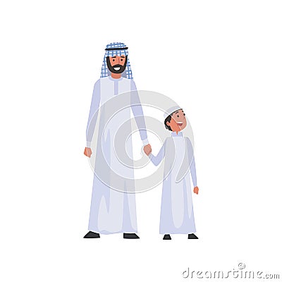 Muslim Father and His Son, Happy Arab Family in Traditional Clothes Vector Illustration Vector Illustration