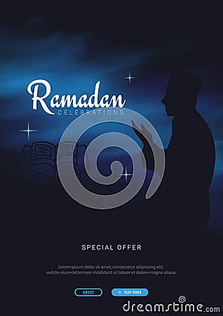 Muslim feast of the holy month of Ramadan Kareem. Vector illustration on the dark background.. Vector Illustration