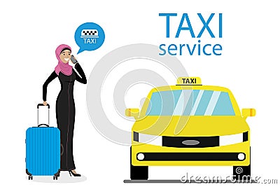 Muslim Female calls by the phone a taxi, yellow taxi car Vector Illustration