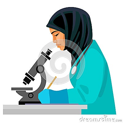 Muslim female doctor looking through microscope Vector Illustration