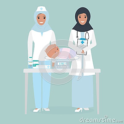 Muslim female Doctor, nurse and weight scale for infant icon Vector Illustration