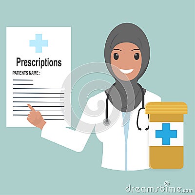 Muslim female doctor with Prescriptions and pills icon Vector Illustration