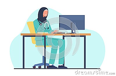 Muslim female doctor works on computer. Arab women in hijab, medical specialist working. Online health consultation Vector Illustration