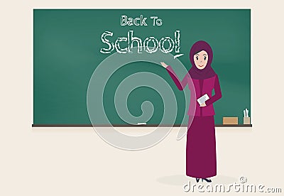 Muslim female teacher and Back to school text on chalkboard Vector Illustration