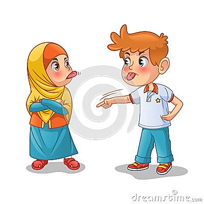 Muslim Girl and Boy Mock Each Other by Showing Their Tongues Vector Illustration