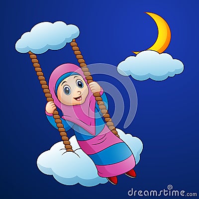 Muslim girl cartoon swing at the cloud in the night Vector Illustration