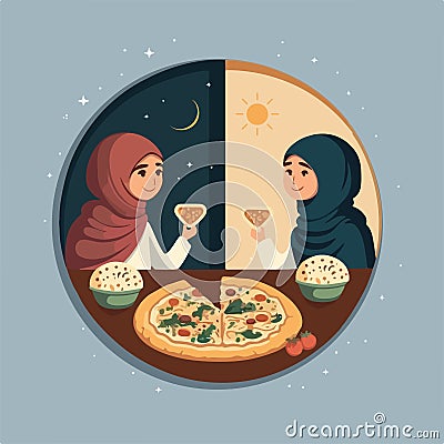 Muslim Girl Character Breaking Fast In Morning And Evening Stock Photo